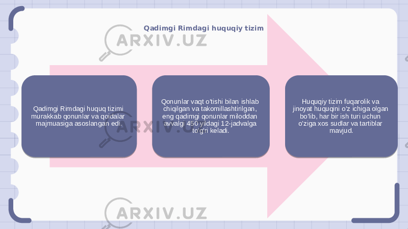 Qadimgi Rimdagi huquqiy tizim Qadimgi Rimdagi huquq tizimi murakkab qonunlar va qoidalar majmuasiga asoslangan edi. Qonunlar vaqt o&#39;tishi bilan ishlab chiqilgan va takomillashtirilgan, eng qadimgi qonunlar miloddan avvalgi 450 yildagi 12-jadvalga to&#39;g&#39;ri keladi. Huquqiy tizim fuqarolik va jinoyat huquqini o&#39;z ichiga olgan bo&#39;lib, har bir ish turi uchun o&#39;ziga xos sudlar va tartiblar mavjud. 