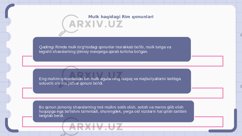 Mulk haqidagi Rim qonunlari Qadimgi Rimda mulk to&#39;g&#39;risidagi qonunlar murakkab bo&#39;lib, mulk turiga va tegishli shaxslarning ijtimoiy mavqeiga qarab turlicha bo&#39;lgan. Eng muhim qonunlardan biri mulk egalarining huquq va majburiyatlarini tartibga soluvchi o&#39;n ikki jadval qonuni bo&#39;ldi. Bu qonun jismoniy shaxslarning mol-mulkni sotib olish, sotish va meros qilib olish huquqiga ega bo&#39;lishini ta&#39;minladi, shuningdek, yerga oid nizolarni hal qilish tartibini belgilab berdi. 