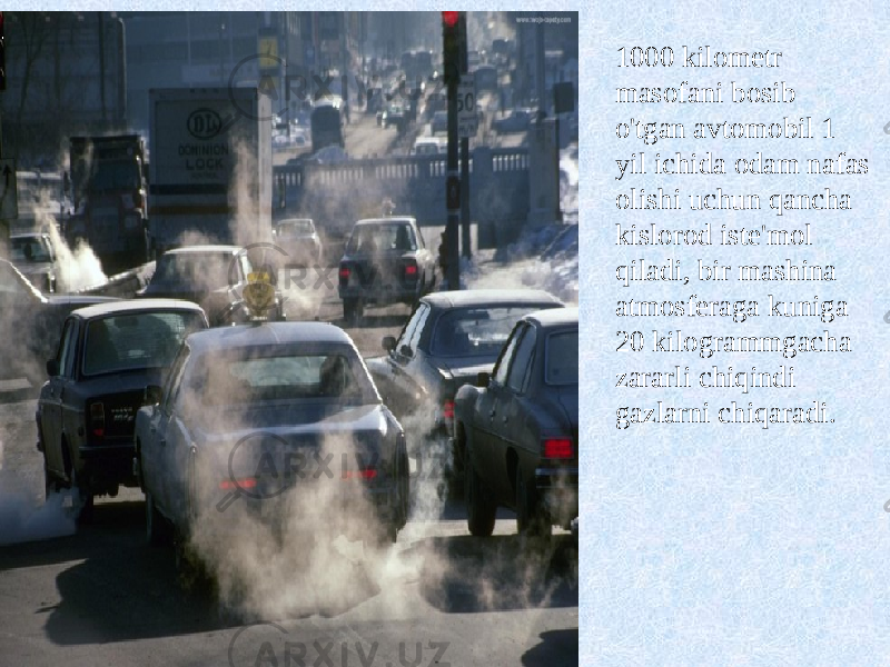 1000 kilometr masofani bosib o&#39;tgan avtomobil 1 yil ichida odam nafas olishi uchun qancha kislorod iste&#39;mol qiladi, bir mashina atmosferaga kuniga 20 kilogrammgacha zararli chiqindi gazlarni chiqaradi. 