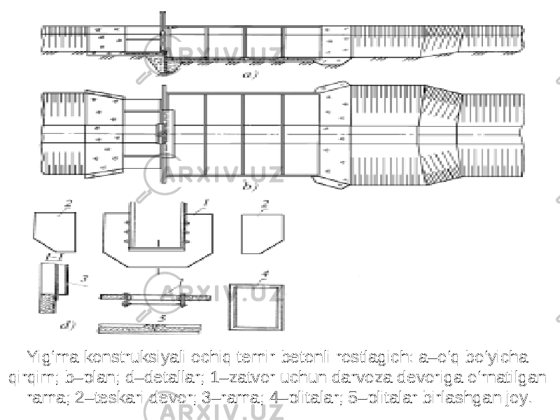 Yig‘ma konstruksiyali ochiq temir-betonli rostlagich: a–o‘q bo‘yicha qirqim; b–plan; d–detallar; 1–zatvor uchun darvoza devoriga o‘rnatilgan rama; 2–teskari devor; 3–rama; 4–plitalar; 5–plitalar birlashgan joy. 