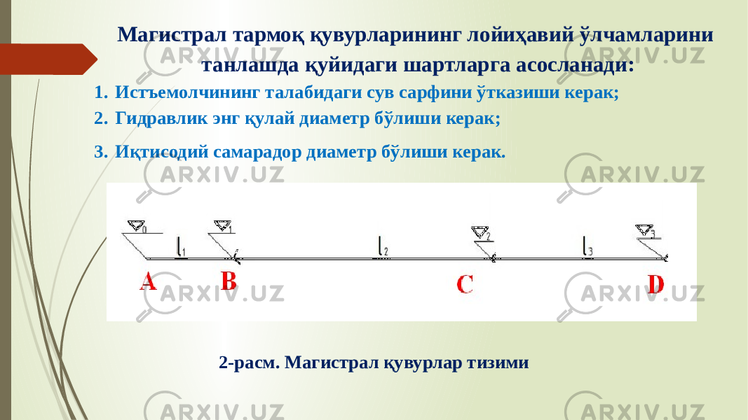 Магистрал тармоқ қувурларининг лойиҳавий ўлчамларини танлашда қуйидаги шартларга асосланади: 1. Истъемолчининг талабидаги сув сарфини ўтказиши керак; 2. Гидравлик энг қулай диаметр бўлиши керак; 3. Иқтисодий самарадор диаметр бўлиши керак. 2-расм. Магистрал қувурлар тизими 