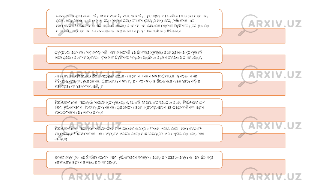 самарали иқтисодий, ижтимоий, молиявий, пул-кредит сиёсати юритилиши, фан, маданият, таълим, соғлиқни сақлашни ҳамда иқтисодиётнинг ва ижтимоий соҳанинг бошқа тармоқларини ривожлантириш бўйича дастурлар ишлаб чиқилиши ва амалга оширилиши учун жавобгар бўлади фуқароларнинг иқтисодий, ижтимоий ва бошқа ҳуқуқлари ҳамда қонуний манфаатларини ҳимоя қилиш бўйича чора-тадбирларни амалга оширади; давлат ва хўжалик бошқаруви органлари ишини мувофиқлаштиради ва йўналтиради, уларнинг фаолияти устидан қонунда белгиланган тартибда назоратни таъминлайди Ўзбекистон Республикаси қонунлари, Олий Мажлис қарорлари, Ўзбекистон Республикаси Президентининг фармонлари, қарорлари ва фармойишлари ижросини таъминлайди Ўзбекистон Республикаси Олий Мажлисига ҳар йили мамлакат ижтимоий- иқтисодий ҳаётининг энг муҳим масалалари юзасидан маърузалар тақдим этади; Конституция ва Ўзбекистон Республикаси қонунларида назарда тутилган бошқа ваколатларни амалга оширади. 