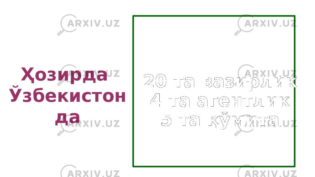 20 та вазирлик 4 та агентлик 5 та қўмитаҲозирда Ўзбекистон да 