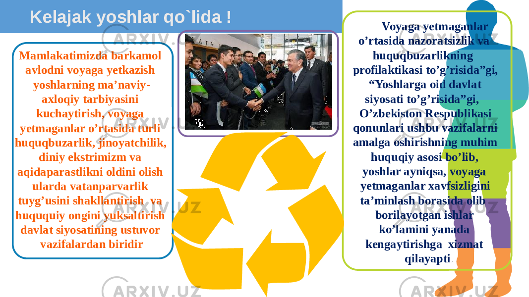  Kelajak yoshlar qo`lida ! Mamlakatimizda barkamol avlodni voyaga yetkazish yoshlarning ma’naviy- axloqiy tarbiyasini kuchaytirish, voyaga yetmaganlar o’rtasida turli huquqbuzarlik, jinoyatchilik, diniy ekstrimizm va aqidaparastlikni oldini olish ularda vatanparvarlik tuyg’usini shakllantirish va huququiy ongini yuksaltirish davlat siyosatining ustuvor vazifalardan biridir faol Voyaga yetmaganlar o’rtasida nazoratsizlik va huquqbuzarlikning profilaktikasi to’g’risida”gi, “Yoshlarga oid davlat siyosati to’g’risida”gi, O’zbekiston Respublikasi qonunlari ushbu vazifalarni amalga oshirishning muhim huquqiy asosi bo’lib, yoshlar ayniqsa, voyaga yetmaganlar xavfsizligini ta’minlash borasida olib borilayotgan ishlar ko’lamini yanada kengaytirishga xizmat qilayapti . 