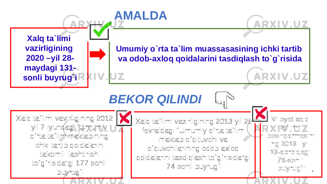 Xalq ta`limi vazirligining 2013-yil 28 fevraldagi “Umumiy o`rta ta`lim maktab o`qituvchi va o`quvchilarining odob-axloq qoidalarini tasdiqlash to`g`risida”gi 74-sonli buyrug`iAMALDA 3Umumiy o`rta ta`lim muassasasining ichki tartib va odob-axloq qoidalarini tasdiqlash to`g`risida Xalq ta`limi vavirligining 2012 yil 7-iyundagi “Umumiy o`rta ta`lim maktabining ichki tartib qoidalarini takomil -lashtirish to`g`risida”gi 177-sonli buyrug`i Xalq ta`limi vazirligining 2020 –yil 28- maydagi 131- sonli buyrug`i BEKOR QILINDI Viloyat xalq ta`limi boshqarmasini ng 2013 –yil 13-apreldagi 76-sonli buyrug`i 