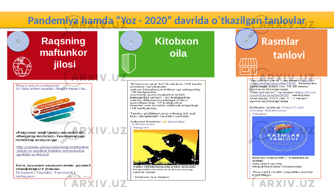 Raqsning maftunkor jilosi Kitobxon oila Rasmlar tanlovi1 2 3Pandemiya hamda “Yoz - 2020” davrida o`tkazilgan tanlovlar 1B 1A 18 1E 