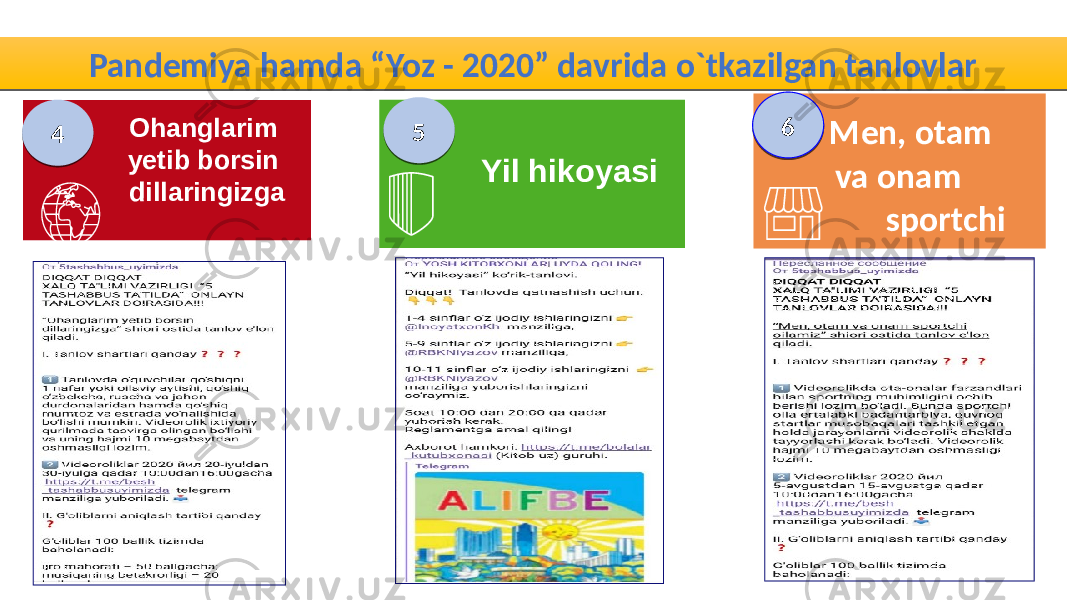 Ohanglarim yetib borsin dillaringizga Yil hikoyasi Men, otam va onam sportchi4 5 6Pandemiya hamda “Yoz - 2020” davrida o`tkazilgan tanlovlar 19 29 2A 1E 