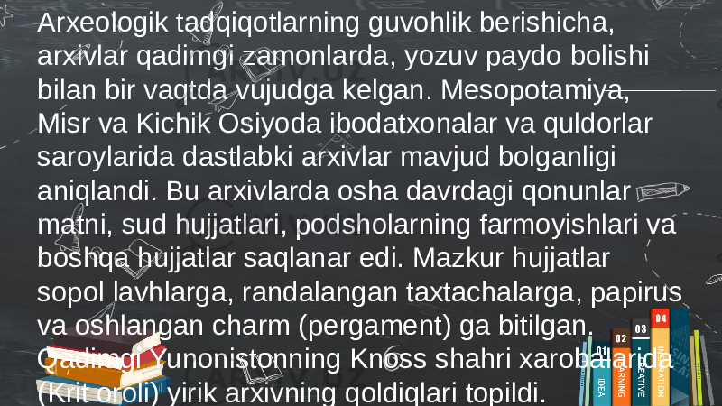 Arxeologik tadqiqotlarning guvohlik berishicha, arxivlar qadimgi zamonlarda, yozuv paydo bolishi bilan bir vaqtda vujudga kelgan. Mesopotamiya, Misr va Kichik Osiyoda ibodatxonalar va quldorlar saroylarida dastlabki arxivlar mavjud bolganligi aniqlandi. Bu arxivlarda osha davrdagi qonunlar matni, sud hujjatlari, podsholarning farmoyishlari va boshqa hujjatlar saqlanar edi. Mazkur hujjatlar sopol lavhlarga, randalangan taxtachalarga, papirus va oshlangan charm (pergament) ga bitilgan. Qadimgi Yunonistonning Knoss shahri xarobalarida (Krit oroli) yirik arxivning qoldiqlari topildi. 