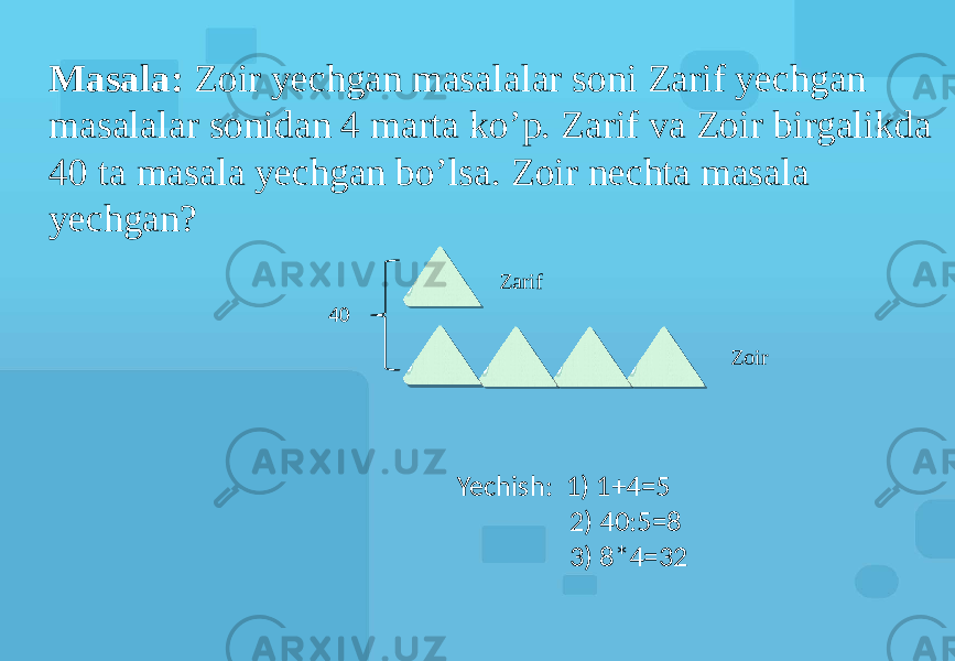 Masala: Zoir yechgan masalalar soni Zarif yechgan masalalar sonidan 4 marta ko’p. Zarif va Zoir birgalikda 40 ta masala yechgan bo’lsa. Zoir nechta masala yechgan? Yechish: 1) 1+4=5 2) 40:5=8 3) 8*4=32 40 ZoirZarif 