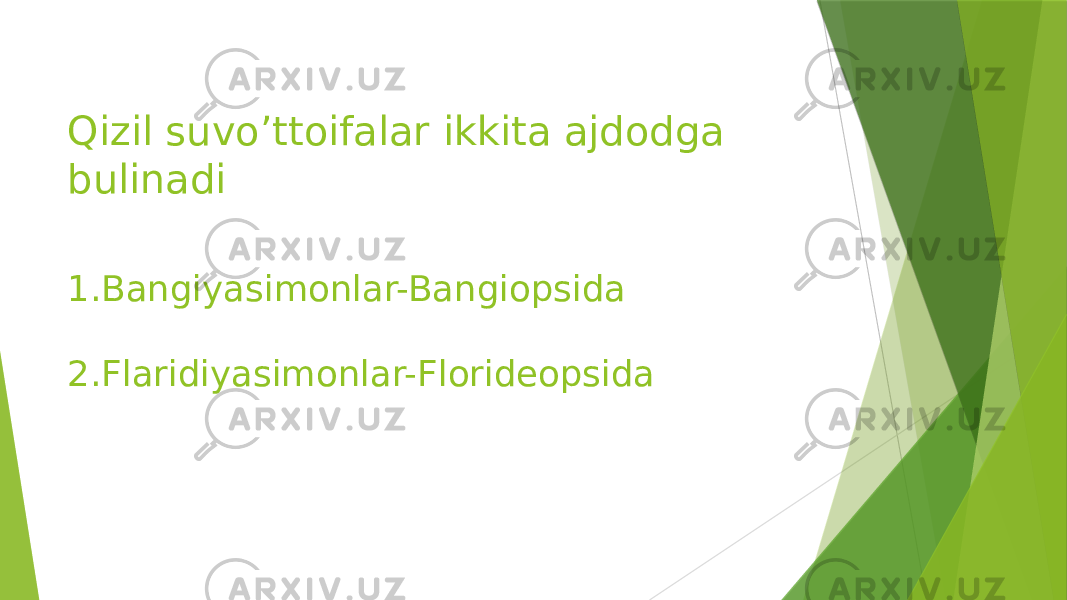 Qizil suvo’ttoifalar ikkita ajdodga bulinadi 1.Bangiyasimonlar-Bangiopsida 2.Flaridiyasimonlar-Florideopsida 