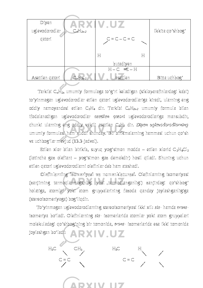 Diyen uglevodorodlar qatori C n H 2n-2 C = C – C = C H H butadiyen Ikkita qo’shbog’ Asetilen qatori C n H 2n-2 H – C C – H asetilen Bitta uchbog’ Tarkibi C n H 2n umumiy formulaga to’g’ri keladigan (sikloparafinlardagi kabi) to’yinmagan uglevodorodlar etilen qatori uglevodorodlariga kiradi, ularning eng oddiy namoyandasi etilen C 2 H 4 dir. Tarkibi C n H 2n-2 umumiy formula bilan ifodalanadigan uglevodorodlar asetilen qatori uglevodorodlariga mansubdir, chunki ularning eng oddiy vakili asetilen C 2 H 2 dir. Diyen uglevodorodlarning umumiy formulasi ham xuddi shunday. Bu birikmalarning hammasi uchun qo’sh va uchbog’lar mavjud (13.3-jadval). Etilen xlor bilan birikib, suyuq yog’simon modda – etilen xlorid C 2 H 4 Cl 2 (lotincha gaz olefiant – yog’simon gaz demakdir) hosil qiladi. Shuning uchun etilen qatori uglevodorodlarni olefinlar deb ham atashadi. Olefinlarning izomeriyasi va nomenklaturasi. Olefinlarning izomeriyasi (zanjirning tarmoqlanmaganligi yoki tarmoqlanganligi) zanjirdagi qo’shbog’ holatiga, atomlar yoki atom gruppalarining fazoda qanday joylashganligiga (stereoizomeriyaga) bog’liqdir. To’yinmagan uglevodorodlarning stereoizomeriyasi ikki xil: sis- hamda trans- izomeriya bo’ladi. Olefinlarning sis- izomerlarida atomlar yoki atom gruppalari molekuladagi qo’shbog’ning bir tomonida, trans- izomerlarida esa ikki tomonida joylashgan bo’ladi: H 3 C CH 3 H 3 C H C = C C = C 