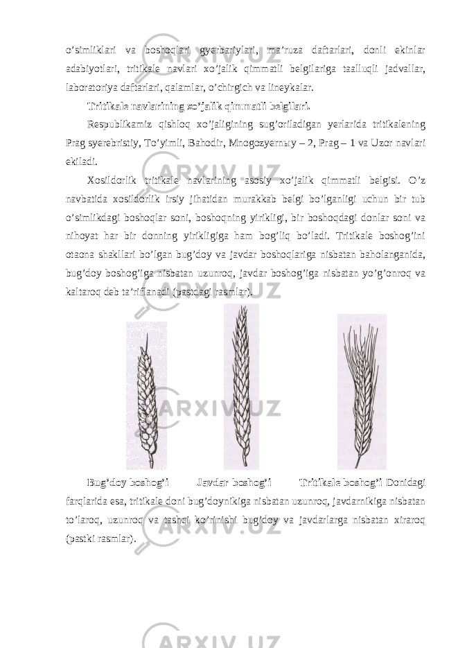 o’simliklari va boshoqlari gyerbariylari, ma’ruza daftarlari, donli ekinlar adabiyotlari, tritikale navlari xo’jalik qimmatli belgilariga taalluqli jadvallar, laboratoriya daftarlari, qalamlar, o’chirgich va lineykalar. Tritikale navlarining xo’jalik qimmatli belgilari. Respublikamiz qishloq xo’jaligining sug’oriladigan yerlarida tritikalening Prag syerebristiy, To’yimli, Bahodir, Mnogozyern ы y – 2, Prag – 1 va Uzor navlari ekiladi. Xosildorlik tritikale navlarining asosiy xo’jalik qimmatli belgisi. O’z navbatida xosildorlik irsiy jihatidan murakkab belgi bo’lganligi uchun bir tub o’simlikdagi boshoqlar soni, boshoqning yirikligi, bir boshoqdagi donlar soni va nihoyat har bir donning yirikligiga ham bog’liq bo’ladi. Tritikale boshog’ini otaona shakllari bo’lgan bug’doy va javdar boshoqlariga nisbatan baholanganida, bug’doy boshog’iga nisbatan uzunroq, javdar boshog’iga nisbatan yo’g’onroq va kaltaroq deb ta’riflanadi (pastdagi rasmlar). Bug’doy boshog’i Javdar boshog’i Tritikale boshog’i Donidagi farqlarida esa, tritikale doni bug’doynikiga nisbatan uzunroq, javdarnikiga nisbatan to’laroq, uzunroq va tashqi ko’rinishi bug’doy va javdarlarga nisbatan xiraroq (pastki rasmlar). 