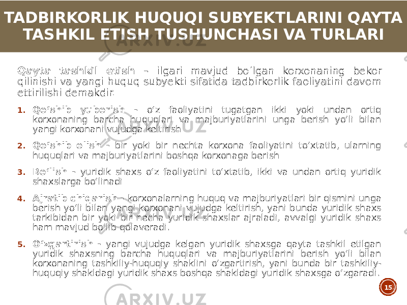 TADBIRKORLIK HUQUQI SUBYEKTLARINI QAYTA TASHKIL ETISH TUSHUNCHASI VA TURLARI Qayta tashkil etish – ilgari mavjud boʻlgan korxonaning bekor qilinishi va yangi huquq subyekti sifatida tadbirkorlik faoliyatini davom ettirilishi demakdir. 1. Qoʻshib yuborish - oʻz faoliyatini tugatgan ikki yoki undan ortiq korxonaning barcha huquqlari va majburiyatlarini unga berish yoʻli bilan yangi korxonani vujudga keltirish 2. Qoʻshib olish - bir yoki bir nechta korxona faoliyatini toʻxtatib, ularning huquqlari va majburiyatlarini boshqa korxonaga berish 3. Boʻlish - yuridik shaxs oʻz faoliyatini toʻxtatib, ikki va undan ortiq yuridik shaxslarga boʻlinadi 4. Ajratib chiqarish - korxonalarning huquq va majburiyatlari bir qismini unga berish yoʻli bilan yangi korxonani vujudga keltirish, yani bunda yuridik shaxs tarkibidan bir yoki bir necha yuridik shaxslar ajraladi, avvalgi yuridik shaxs ham mavjud boʻlib qolaveradi. 5. Oʻzgartirish - yangi vujudga kelgan yuridik shaxsga qayta tashkil etilgan yuridik shaxsning barcha huquqlari va majburiyatlarini berish yoʻli bilan korxonaning tashkiliy-huquqiy shaklini oʻzgartirish, yani bunda bir tashkiliy- huquqiy shakldagi yuridik shaxs boshqa shakldagi yuridik shaxsga oʻzgaradi. 15 