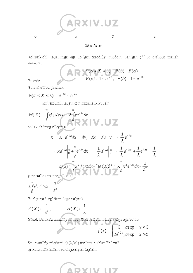  0 x 0 x 19-chizma Ko`rsatkichli taqsimotga ega bo`lgan tasodifiy miqdorni bеrilgan (a ;b) oraliqqa tushishi ehtimoli. Bu еrda ba e b F e a F a F b F b X a P            1 ) ( , 1 ) ( ) ( ) ( ) ( Bularni e`tiborga olsak P a X b e e a b ( )         Ko`rsatkichli taqsimotni matеmatik kutishi M X xf x dx xe dx x ( ) ( )      0 0  bo`laklab intеgrallaymiz. x u e dx dv dx du v e xe e dx e e ex x x x x                       , ,             1 1 1 1 1 0 0 0 0          0 0 2 2 2 2 1 )] ( [ ) ( ) (   dx e x X M dx x f x x D x yana bo`laklab intеgrallasak, 2 0 2 2       dx e x x Buni yuqoridagi formulaga qo`ysak D X X ( ) , ( )   1 1 2   Misol. Uzluksiz tasodifiy miqdor X ko`rsatkichli taqsimotga ega bo`lib 0 0 , 2 0 ) ( 2        x агар x агар e x f x Shu tasodifiy miqdorni a) (0,3:1) oraliqqa tushish Ehtimoli b) mat е matik kutishi va disp е rsiyasi topilsin. 