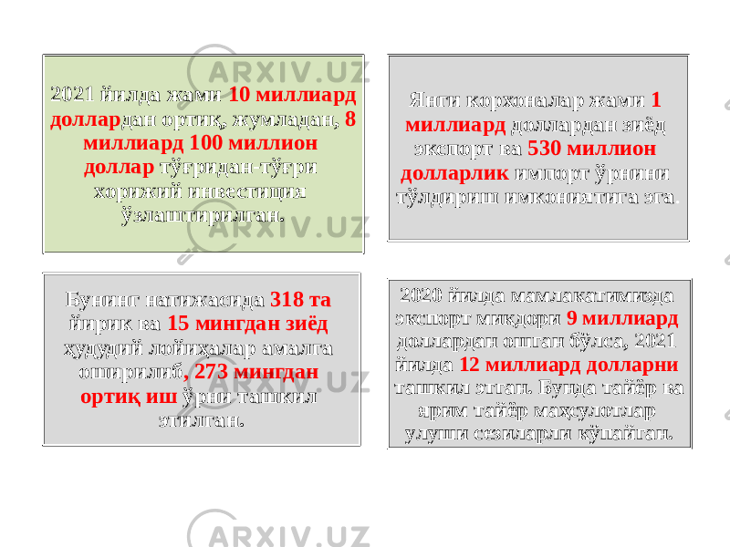 2021 йилда жами 10 миллиард доллар дан ортиқ, жумладан, 8 миллиард 100 миллион доллар тўғридан-тўғри хорижий инвестиция ўзлаштирилган. Бунинг натижасида 318 та йирик ва 15 мингдан зиёд ҳудудий лойиҳалар амалга оширилиб , 273 мингдан ортиқ иш ўрни ташкил этилган. Янги корхоналар жами 1 миллиард доллардан зиёд экспорт ва 530 миллион долларлик импорт ўрнини тўлдириш имкониятига эга . 2020 йилда мамлакатимизда экспорт миқдори 9 миллиард доллардан ошган бўлса, 2021 йилда 12 миллиард долларни ташкил этган. Бунда тайёр ва ярим тайёр маҳсулотлар улуши сезиларли кўпайган. 