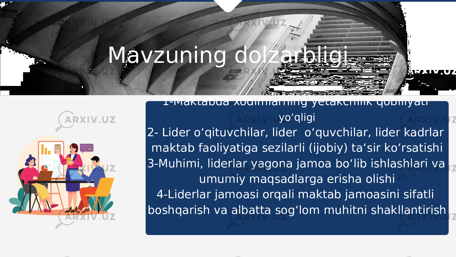 1-Maktabda xodimlarning yetakchilik qobiliyati y o‘ qligi 2- Lider o‘ qituvchilar, lider o‘ quvchilar, lider kadrlar maktab faoliyatiga sezilarli (ijobiy) ta ‘ sir k o‘ rsatishi 3-Muhimi, liderlar yagona jamoa b o‘ lib ishlashlari va umumiy maqsadlarga erisha olishi 4-Liderlar jamoasi orqali maktab jamoasini sifatli boshqarish va albatta sog ‘ lom muhitni shakllantirish Mavzuning dolzarbligi 