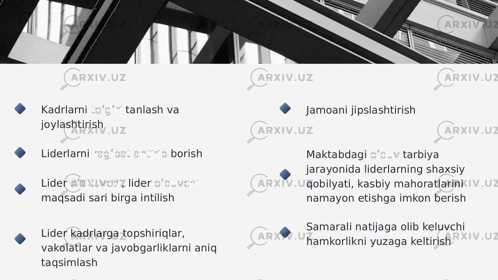 VAZIFALAR Lider o ‘ qituvchi , lider o ‘ quvchi maqsadi sari birga intilishKadrlarni to ‘ g ‘ ri tanlash va joylashtirish Liderlarni rag ‘ batlantirib borish Lider kadrlarga topshiriqlar, vakolatlar va javobgarliklarni aniq taqsimlash Jamoani jipslashtirish Maktabdagi o ‘ quv tarbiya jarayonida liderlarning shaxsiy qobilyati, kasbiy mahoratlarini namayon etishga imkon berish Samarali natijaga olib keluvchi hamkorlikni yuzaga keltirish 