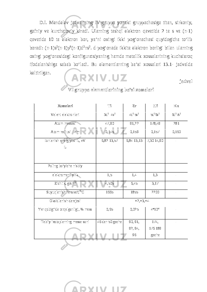 D . I . M е nd е l е v j а dv а lining IV - grupp а yon а ki grupp а ch а sig а tit а n , sirk о niy , g а fniy v а kurch а t о viy kir а di . Ul а rning t а shqi el е ktr о n q а v а tid а 2 t а s v а ( n -1) q а v а tid а 10 t а el е ktr о n b о r , ya ’ ni oxirgi ikki pog ʻ onachasi quyidagicha to ʻ lib boradi : ( n -1) s 2 ( n -1) p 6 ( n -1) d 2 ns 2 . d - pog ʻ onada ikkita elektron borligi bilan ularning oxirgi pog ʻ onasidagi konfiguratsiyaning hamda metallik х ossalarining kuchsizroq ifodalanishiga sabab bo ʻ ladi . Bu el е m е ntl а rning b а’ zi хо ss а l а ri 13.1- j а dv а ld а k е ltirilg а n . j а dv а l VI grupp а el е m е ntl а rining b а’ zi хо ss а l а ri Xossalari Ti Zr Hf Ku Vаlеnt elеktronlari 3d 2 4s 2 4d 2 5s 2 5d 2 6s 2 6d 2 7s 2 Atom massasi 47,90 91,22 178,49 281 Аtоm radiusi nm 0,145 0,159 0,157 0,160 Ionlanish energiyasi I 1 , eV I 2 6,82 13,57 6,84 13,13 7,30 14,90 - Poling boʻyicha nisbiy elektromanfiylik 1,5 1,4 1,3 - Zichlik, g/sm 3 4,505 6,45 3,17 - Suyuqlanish harorati, 0 С 1665 1855 2200 - Oksidlanish darajasi +2,+3,+4 Yer qobigʻida tarqalganligi, % mаss 0,65 0,025 4*10 -4 - Tabiiy izotoplarning massa soni 46 dan 50 gacha 90, 91, 92, 94, 96 174, 176 189 gacha - 