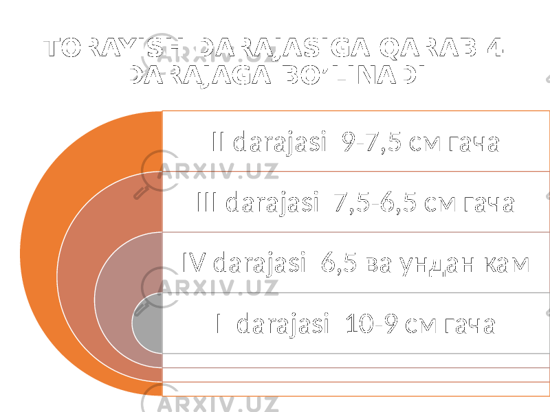 TORAYISH DARAJASIGA QARAB 4 DARAJAGA BO’LINADI II darajasi 9-7,5 см гача III darajasi 7,5-6,5 см гача IV darajasi 6,5 ва ундан кам I darajasi 10-9 см гача 