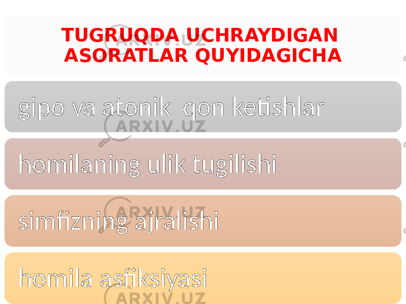 TUGRUQDA UCHRAYDIGAN ASORATLAR QUYIDAGICHA gipo va atonik qon ketishlar homilaning ulik tugilishi simfizning ajralishi homila asfiksiyasi 