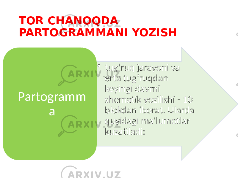 TOR CHANOQDA PARTOGRAMMANI YOZISH • tug’ruq jarayoni va erta tug’ruqdan keyingi davrni shematik yozilishi - 10 blokdan iborat. Ularda quyidagi ma&#39;lumotlar kuzatiladi:Partogramm a 