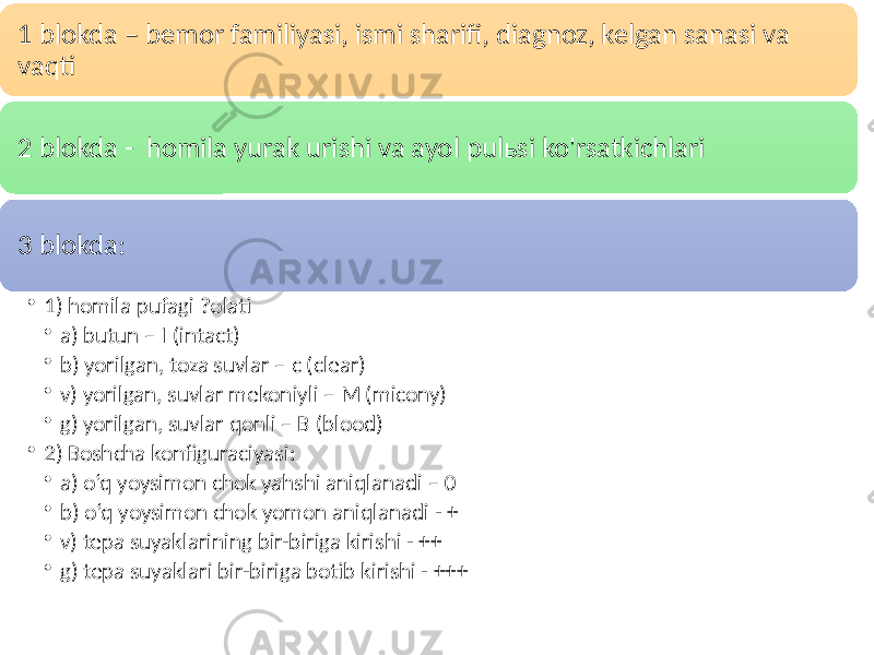 1 blokda – bemor familiyasi, ismi sharifi, diagnoz, kelgan sanasi va vaqti 2 blokda - homila yurak urishi va ayol pulьsi ko&#39;rsatkichlari 3 blokda: • 1) homila pufagi ?olati • a) butun – I (intact) • b) yorilgan, toza suvlar – c (clear) • v) yorilgan, suvlar mekoniyli – M (micony) • g) yorilgan, suvlar qonli – B (blood) • 2) Boshcha konfiguraciyasi: • a) o‘q yoysimon chok yahshi aniqlanadi – 0 • b) o‘q yoysimon chok yomon aniqlanadi - + • v) tepa suyaklarining bir-biriga kirishi - ++ • g) tepa suyaklari bir-biriga botib kirishi - +++ 