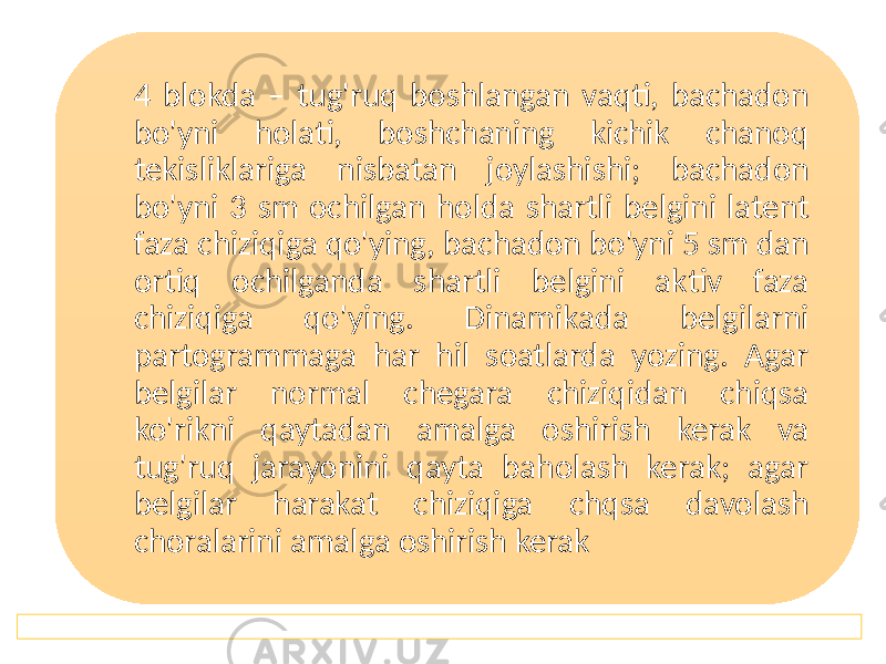 4 blokda – tug&#39;ruq boshlangan vaqti, bachadon bo&#39;yni holati, boshchaning kichik chanoq tekisliklariga nisbatan joylashishi; bachadon bo&#39;yni 3 sm ochilgan holda shartli belgini latent faza chiziqiga qo&#39;ying, bachadon bo&#39;yni 5 sm dan ortiq ochilganda shartli belgini aktiv faza chiziqiga qo&#39;ying. Dinamikada belgilarni partogrammaga har hil soatlarda yozing. Agar belgilar normal chegara chiziqidan chiqsa ko&#39;rikni qaytadan amalga oshirish kerak va tug&#39;ruq jarayonini qayta baholash kerak; agar belgilar harakat chiziqiga chqsa davolash choralarini amalga oshirish kerak 