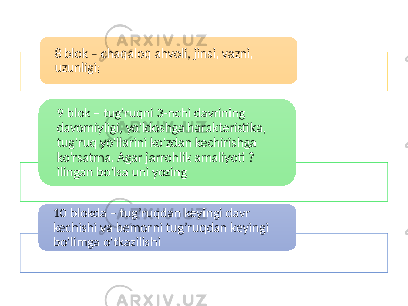 8 blok – chaqaloq ahvoli, jinsi, vazni, uzunligi; 9 blok – tug&#39;ruqni 3-nchi davrining davomiyligi, yo&#39;ldoshga harakteristika, tug&#39;ruq yo&#39;llarini ko&#39;zdan kechirishga ko&#39;rsatma. Agar jarrohlik amaliyoti ? ilingan bo&#39;lsa uni yozing 10 blokda – tug’ruqdan keyingi davr kechishi va bemorni tug’ruqdan keyingi bo&#39;limga o&#39;tkazilishi 