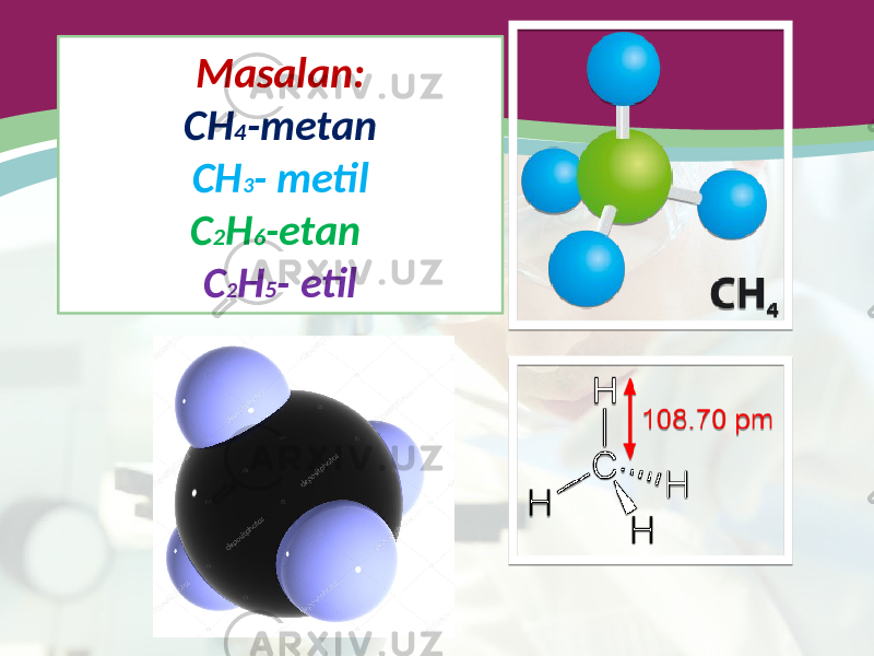 Masalan: CH 4 -metan CH 3 - metil C 2 H 6 -etan C 2 H 5 - etil 
