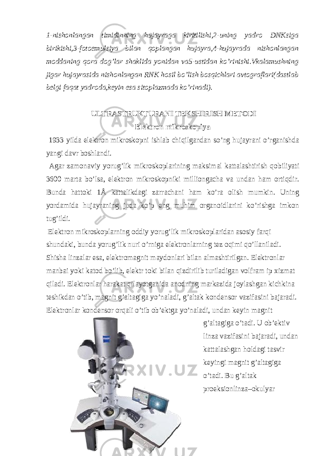 1-nishonlangan timidinning hujayraga kiritilishi,2-uning yadro DNKsiga birikishi,3-fotoemulsiya bilan qoplangan hujayra,4-hujayrada nishonlangan moddaning qora dog’lar shaklida yonidan va5-ustidan ko’rinishi.Vkalamushning jigar hujayrasida nishonlangan RNK hosil bo’lish bosqichlari avtograflari(dastlab belgi faqat yadroda,keyin esa sitoplazmada ko’rinadi). ULTRASTRUKTURANI TEKSHIRISH METODI Elektron mikroskopiya 1933 yilda elektron mikroskopni ishlab chiqilgandan so’ng hujayrani o’rganishda yangi davr boshlandi. Agar zamonaviy yorug’lik mikroskoplarining maksimal kattalashtirish qobiliyati 3600 marta bo’lsa, elektron mikroskopniki milliongacha va undan ham ortiqdir. Bunda hattoki 1Å kattalikdagi zarrachani ham ko’ra olish mumkin. Uning yordamida hujayraning juda ko’p eng muhim organoidlarini ko’rishga imkon tug’ildi. Elektron mikroskoplarning oddiy yorug’lik mikroskoplaridan asosiy farqi shundaki, bunda yorug’lik nuri o’rniga elektronlarning tez oqimi qo’llaniladi. Shisha linzalar esa, elektromagnit maydonlari bilan almashtirilgan. Elektronlar manbai yoki katod bo’lib, elektr toki bilan qizdirilib turiladigan volfram ip xizmat qiladi. Elektronlar harakat qilayotganida anodning markazida joylashgan kichkina teshikdan o’tib, magnit g’altagiga yo’naladi, g’altak kondensor vazifasini bajaradi. Elektronlar kondensor orqali o’tib ob’ektga yo’naladi, undan keyin magnit g’altagiga o’tadi. U ob’ektiv linza vazifasini bajaradi, undan kattalashgan holdagi tasvir keyingi magnit g’altagiga o’tadi. Bu g’altak proeksionlinza–okulyar 