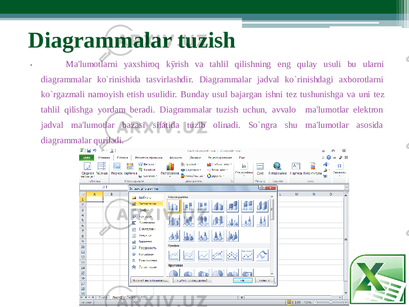 Diagrammala r tuzish • Ma&#39;lu m otlarni yaxshiroq kўrish va tahlil qilishning eng qulay usuli bu ularni diagram m alar ko`rinishida tasvirlashdi r . Diagram m alar jadval ko`rinishdagi axborotlarni ko` r gaz m ali na m oyish etish usulidi r . Bunday usul baja r gan ishni tеz tushunishga va uni tеz tahlil qilishga yorda m bеradi. Diagrammalar tuzish uchun, avvalo ma&#39;lu m otlar elеktron jadval m a&#39;lu m otlar bazasi sifatida tuzib olinadi. So`ngra shu ma&#39;lu m otlar asosida diagra m malar quriladi. 