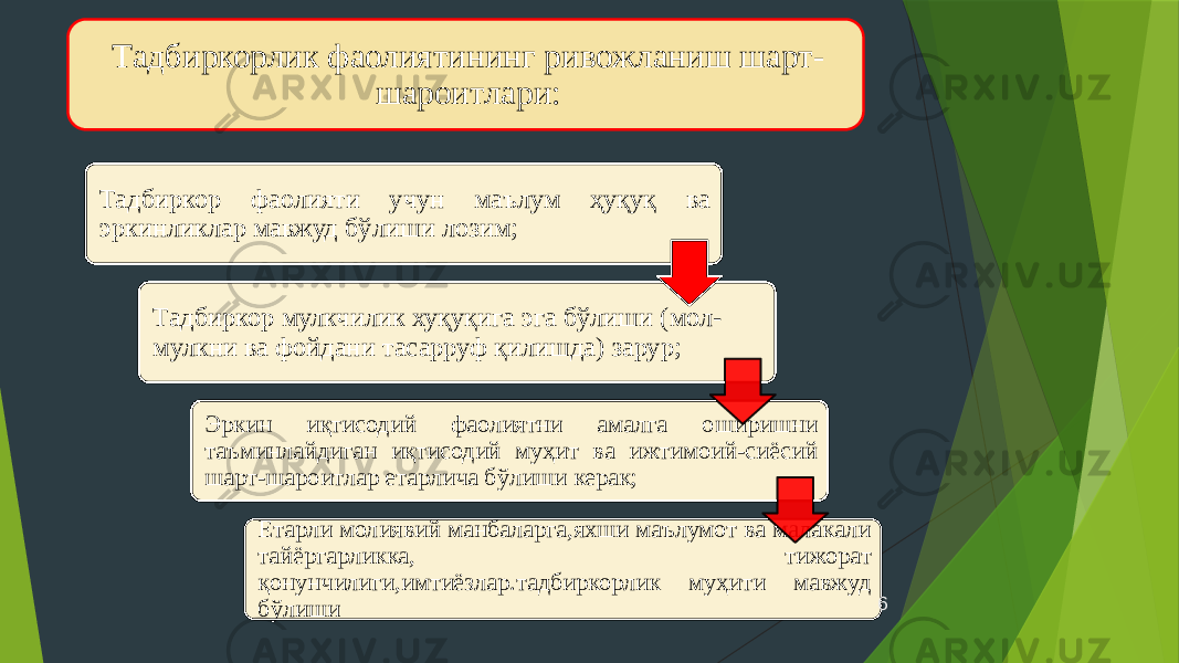 Тадбиркорлик фаолиятининг ривожланиш шарт- шароитлари: Тадбиркор фаолияти учун маълум ҳуқуқ ва эркинликлар мавжуд бўлиши лозим; Тадбиркор мулкчилик хуқуқига эга бўлиши (мол- мулкни ва фойдани тасарруф қилишда) зарур; Эркин иқтисодий фаолиятни амалга оширишни таъминлайдиган иқтисодий муҳит ва ижтимоий-сиёсий шарт-шароитлар етарлича бўлиши керак; Етарли молиявий манбаларга,яхши маълумот ва малакали тайёргарликка, тижорат қонунчилиги,имтиёзлар.тадбиркорлик муҳити мавжуд бўлиши 6 