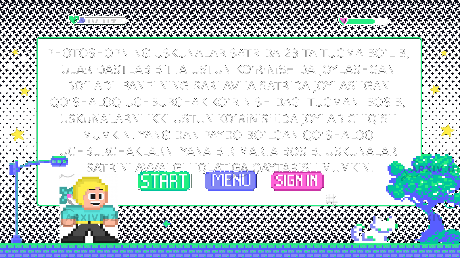 PHOTOSHOPNING USKUNALAR SATRIDA 23 TA TUGMA BOʻLIB, ULAR DASTLAB BITTA USTUN KOʻRINISHIDA JOYLASHGAN BOʻLADI. PANELNING SARLAVHA SATRIDA JOYLASHGAN QOʻSHALOQ UCHBURCHAK KOʻRINISHIDAGI TUGMANI BOSIB, USKUNALARNI IKKI USTUN KOʻRINISHIDA JOYLAB CHIQISH MUMKIN. YANGIDAN PAYDO BOʻLGAN QOʻSHALOQ UCHBURCHAKLARNI YANA BIR MARTA BOSIB, USKUNALAR SATRINI AVVALGI HOLATIGA QAYTARISH MUMKIN. 