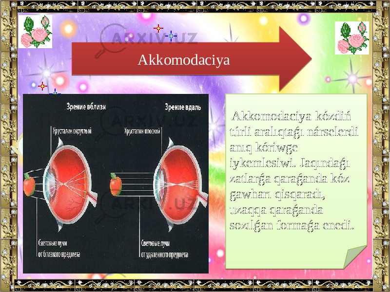 Akkomodaciya Akkomodaciya-kózdiń túrli aralıqtaǵı nárselerdi anıq kóriwge iykemlesiwi. Jaqındaǵı zatlarǵa qaraǵanda kóz gawharı qisqaradı, uzaqqa qaraǵanda sozılǵan formaǵa enedi.25 01 25 08 07 05 21 1907 1421 11 