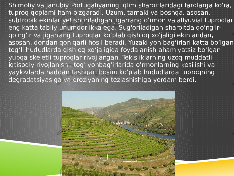  Shimoliy va Janubiy Portugaliyaning iqlim sharoitlaridagi farqlarga ko&#39;ra, tuproq qoplami ham o&#39;zgaradi. Uzum, tamaki va boshqa, asosan, subtropik ekinlar yetishtiriladigan jigarrang o&#39;rmon va allyuvial tuproqlar eng katta tabiiy unumdorlikka ega. Sug&#39;oriladigan sharoitda qo&#39;ng&#39;ir- qo&#39;ng&#39;ir va jigarrang tuproqlar ko&#39;plab qishloq xo&#39;jaligi ekinlaridan, asosan, dondan qoniqarli hosil beradi. Yuzaki yon bagʻirlari katta boʻlgan togʻli hududlarda qishloq xoʻjaligida foydalanish ahamiyatsiz boʻlgan yupqa skeletli tuproqlar rivojlangan. Tekisliklarning uzoq muddatli iqtisodiy rivojlanishi, tog&#39; yonbag&#39;irlarida o&#39;rmonlarning kesilishi va yaylovlarda haddan tashqari bosim ko&#39;plab hududlarda tuproqning degradatsiyasiga va eroziyaning tezlashishiga yordam berdi. 