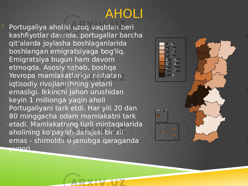 AHOLI  Portugaliya aholisi uzoq vaqtdan beri kashfiyotlar davrida, portugallar barcha qit&#39;alarda joylasha boshlaganlarida boshlangan emigratsiyaga bog&#39;liq. Emigratsiya bugun ham davom etmoqda. Asosiy sabab, boshqa Yevropa mamlakatlariga nisbatan iqtisodiy rivojlanishning yetarli emasligi. Ikkinchi jahon urushidan keyin 1 millionga yaqin aholi Portugaliyani tark etdi. Har yili 20 dan 80 minggacha odam mamlakatni tark etadi. Mamlakatning turli mintaqalarida aholining ko&#39;payish darajasi bir xil emas - shimolda u janubga qaraganda yuqori . 