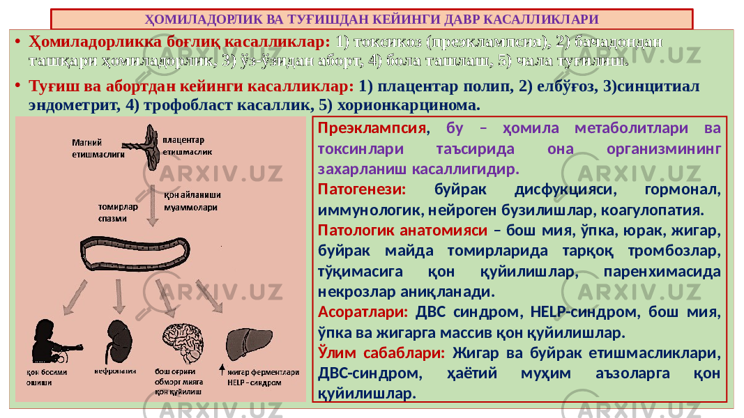 ҲОМИЛАДОРЛИК ВА ТУҒИШДАН КЕЙИНГИ ДАВР КАСАЛЛИКЛАРИ • Ҳомиладорликка боғлиқ касалликлар: 1) токсикоз (преэклампсия), 2) бачадондан ташқари ҳомиладорлик, 3) ўз-ўзидан аборт, 4) бола ташлаш, 5) чала туғилиш. • Туғиш ва абортдан кейинги касалликлар: 1) плацентар полип, 2) елбўғоз, 3)синцитиал эндометрит, 4) трофобласт касаллик, 5) хорионкарцинома. Преэклампсия , бу – ҳомила метаболитлари ва токсинлари таъсирида она организмининг захарланиш касаллигидир. Патогенези: буйрак дисфукцияси, гормонал, иммунологик, нейроген бузилишлар, коагулопатия. Патологик анатомияси – бош мия, ўпка, юрак, жигар, буйрак майда томирларида тарқоқ тромбозлар, тўқимасига қон қуйилишлар, паренхимасида некрозлар аниқланади. Асоратлари: ДВС синдром, HELP-синдром, бош мия, ўпка ва жигарга массив қон қуйилишлар. Ўлим сабаблари: Жигар ва буйрак етишмасликлари, ДВС-синдром, ҳаётий муҳим аъзоларга қон қуйилишлар. 