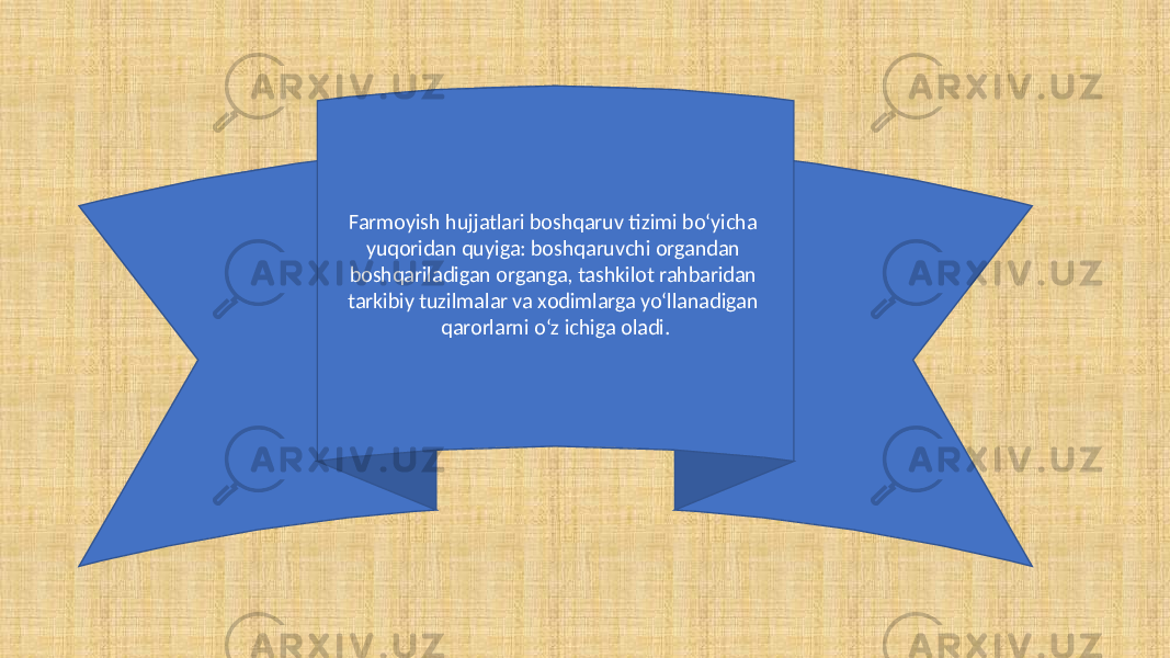 Farmoyish hujjatlari boshqaruv tizimi bo‘yicha yuqoridan quyiga: boshqaruvchi organdan boshqariladigan organga, tashkilot rahbaridan tarkibiy tuzilmalar va xodimlarga yo‘llanadigan qarorlarni o‘z ichiga oladi. 