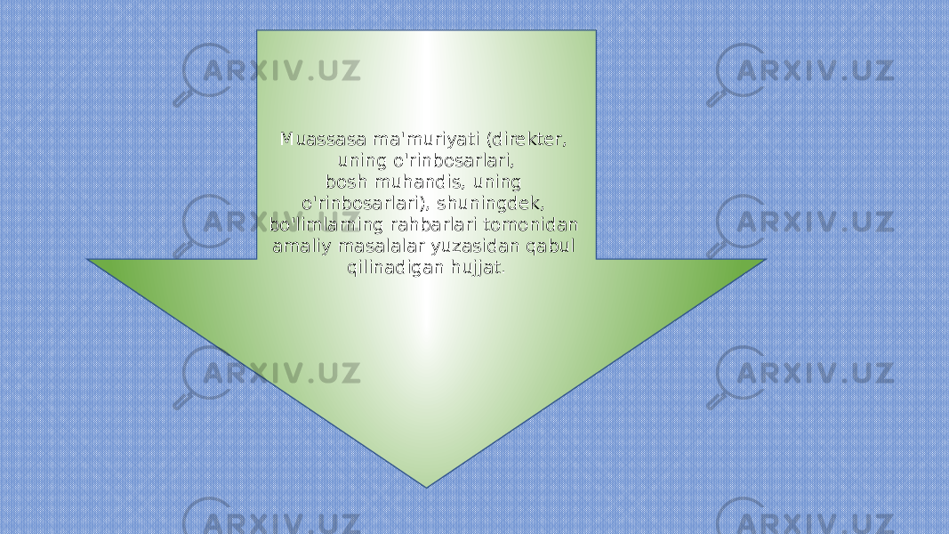 Muassasa ma&#39;muriyati (direkter, uning o&#39;rinbosarlari, bosh muhandis, uning o&#39;rinbosarlari), shuningdek, bo&#39;limlarning rahbarlari tomonidan amaliy masalalar yuzasidan qabul qilinadigan hujjat. 