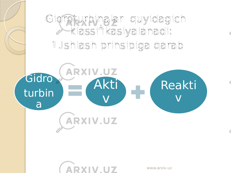 Gidroturbinalar quyidagich klassifikasiyalanadi: 1.Ishlash prinsipiga qarab Gidro turbin a Akti v Reakti v www.arxiv.uz 