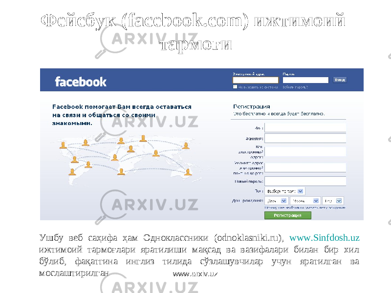 Фейсбук (facebook.com) ижтимоий тармоғи Ушбу веб саҳифа ҳам Одноклассники (odnoklasniki.ru), www.Sinfdosh.uz ижтимоий тармоғлари яратилиши мақсад ва вазифалари билан бир хил бўлиб, фақатгина инглиз тилида сўзлашувчилар учун яратилган ва мослаштирилган www.arxiv.uz 