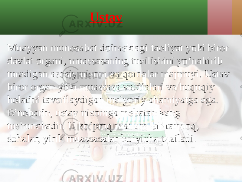 Ustav Muayyan munosabat doirasidagi faoliyat yoki biror davlat organi, muassasaning tuzilishini yo‘naltirib turadigan asosiy nizom va qoidalar majmuyi. Ustav biror organ yoki muassasa vazifalari va huquqiy holatini tavsiflaydigan me’yoriy ahamiyatga ega. Binobarin, ustav nizomga nisbatan keng tushunchadir. U ko‘proq ma’lum bir tarmoq, sohalar, yirik muassasalar bo‘yicha tuziladi. 