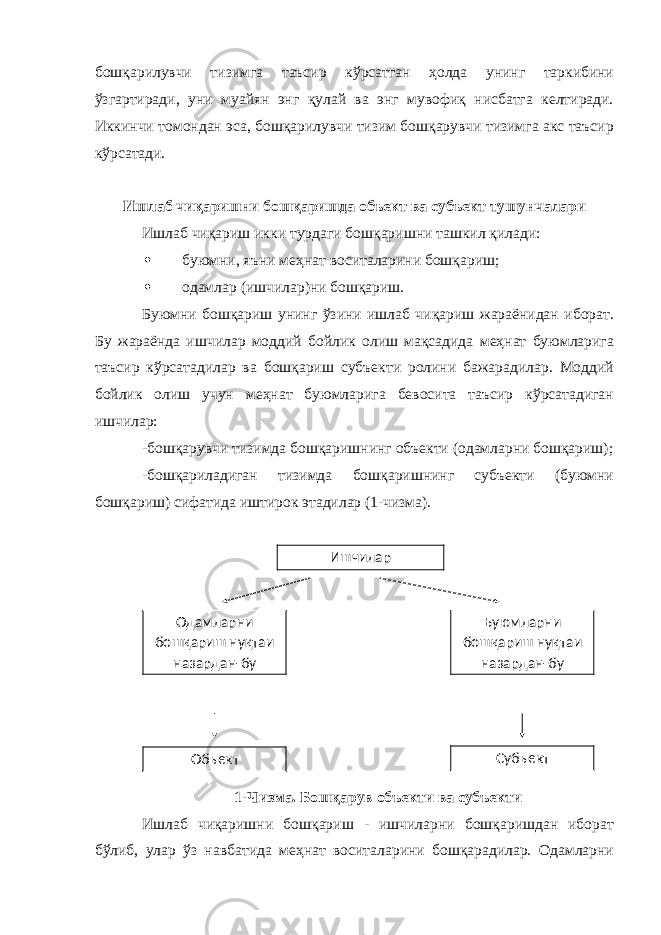 бошқарилувчи тизимга таъсир кўрсатган ҳолда унинг таркибини ўзгартиради, уни муайян энг қулай ва энг мувофиқ нисбатга келтиради. Иккинчи томондан эса, бошқарилувчи тизим бошқарувчи тизимга акс таъсир кўрсатади. Ишлаб чиқаришни бошқаришда объект ва субъект тушунчалари Ишлаб чиқариш икки турдаги бошқаришни ташкил қилади:  буюмни, яъни меҳнат воситаларини бошқариш;  одамлар (ишчилар)ни бошқариш. Буюмни бошқариш унинг ўзини ишлаб чиқариш жараёнидан иборат. Бу жараёнда ишчилар моддий бойлик олиш мақсадида меҳнат буюмларига таъсир кўрсатадилар ва бошқариш субъекти ролини бажарадилар. Моддий бойлик олиш учун меҳнат буюмларига бевосита таъсир кўрсатадиган ишчилар: -бошқарувчи тизимда бошқаришнинг объекти (одамларни бошқариш); -бошқариладиган тизимда бошқаришнинг субъекти (буюмни бошқариш) сифатида иштирок этадилар (1-чизма). 1 -Чизма. Бошқарув объекти ва субъекти Ишлаб чиқаришни бошқариш - ишчиларни бошқаришдан иборат бўлиб, улар ўз навбатида меҳнат воситаларини бошқарадилар. Одамларни Ишчилар Одамларни бош қ ариш ну қ таи назардан-бу Буюмларни бош қ ариш ну қ таи назардан-бу Объект Субъект 