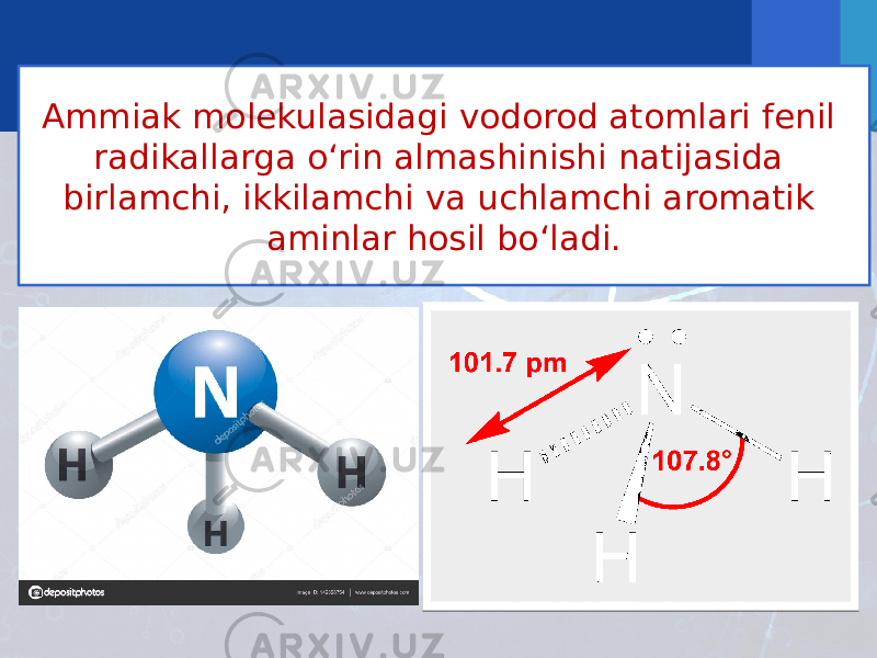Ammiak molekulasidagi vodorod atomlari fenil radikallarga o‘rin almashinishi natijasida birlamchi, ikkilamchi va uchlamchi aromatik aminlar hosil bo‘ladi. 