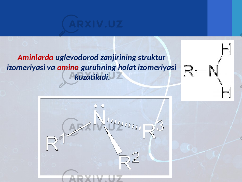 Aminlarda uglevodorod zanjirining struktur izomeriyasi va amino guruhning holat izomeriyasi kuzatiladi. 