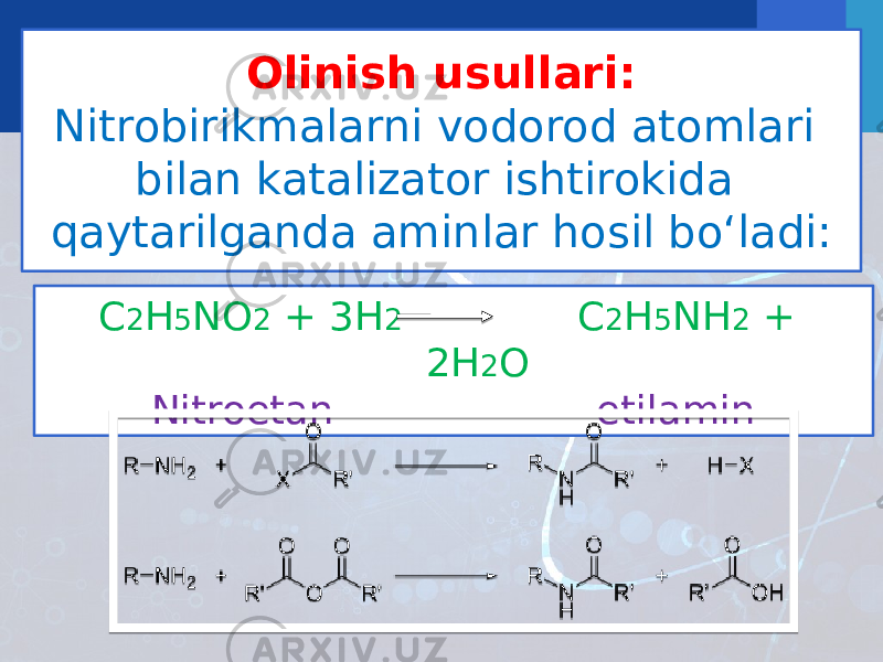 Olinish usullari: Nitrobirikmalarni vodorod atomlari bilan katalizator ishtirokida qaytarilganda aminlar hosil bo‘ladi: C 2 H 5 NO 2 + 3H 2 C 2 H 5 NH 2 + 2H 2 O Nitroetan etilamin 