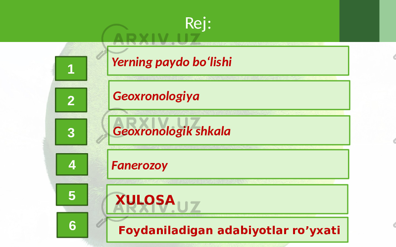 Rej: Yerning paydo bo‘lishi XULOSAGeoxronologiya Geoxronologik shkala Fanerozoy 51 2 3 4 Foydaniladigan adabiyotlar ro’yxati6 