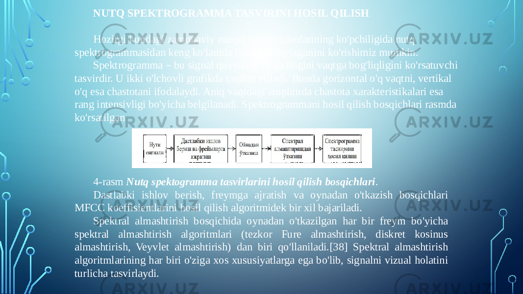 NUTQ SPEKTROGRAMMA TASVIRINI HOSIL QILISH Hozirgi kundagi zamonaviy nutqni tanish tizimlarining ko&#39;pchiligida nutq spektrogrammasidan keng ko&#39;lamda foydalanilayotganini ko&#39;rishimiz mumkin. Spektrogramma – bu signal quvvatini va zichligini vaqtga bog&#39;liqligini ko&#39;rsatuvchi tasvirdir. U ikki o&#39;lchovli grafikda taqdim etiladi. Bunda gorizontal o&#39;q vaqtni, vertikal o&#39;q esa chastotani ifodalaydi. Aniq vaqtdagi amplituda chastota xarakteristikalari esa rang intensivligi bo&#39;yicha belgilanadi. Spektrogrammani hosil qilish bosqichlari rasmda ko&#39;rsatilgan 4-rasm Nutq spektogramma tasvirlarini hosil qilish bosqichlari . Dastlabki ishlov berish, freymga ajratish va oynadan o&#39;tkazish bosqichlari MFCC koeffisientlarini hosil qilish algoritmidek bir xil bajariladi. Spektral almashtirish bosqichida oynadan o&#39;tkazilgan har bir freym bo&#39;yicha spektral almashtirish algoritmlari (tezkor Fure almashtirish, diskret kosinus almashtirish, Veyvlet almashtirish) dan biri qo&#39;llaniladi.[38] Spektral almashtirish algoritmlarining har biri o&#39;ziga xos xususiyatlarga ega bo&#39;lib, signalni vizual holatini turlicha tasvirlaydi. 