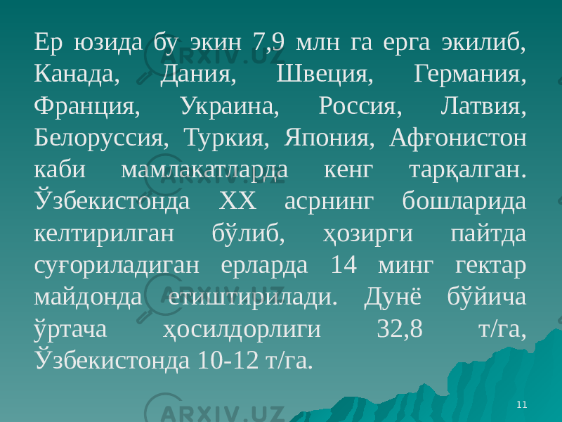 11Ер юзида бу экин 7,9 млн га ерга экилиб, Канада, Дания, Швеция, Германия, Франция, Украина, Россия, Латвия, Белоруссия, Туркия, Япония, Афғонистон каби мамлакатларда кенг тарқалган. Ўзбекистонда XX асрнинг бошларида келтирилган бўлиб, ҳозирги пайтда суғориладиган ерларда 14 минг гектар майдонда етиштирилади. Дунё бўйича ўртача ҳосилдорлиги 32,8 т/га, Ўзбекистонда 10-12 т/га. 