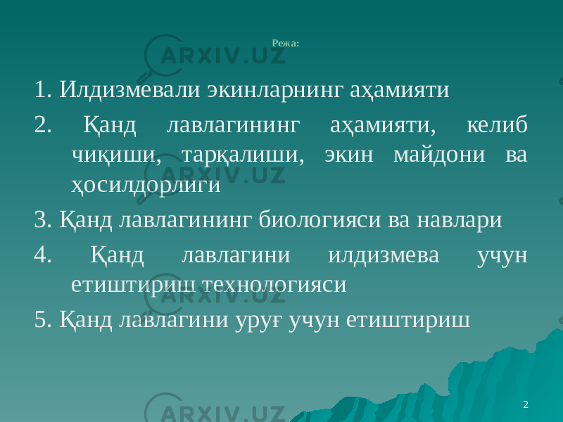 2Режа: 1. Илдизмевали экинларнинг аҳамияти 2. Қанд лавлагининг аҳамияти, келиб чиқиши, тарқалиши, экин майдони ва ҳосилдорлиги 3. Қанд лавлагининг биологияси ва навлари 4. Қанд лавлагини илдизмева учун етиштириш технологияси 5. Қанд лавлагини уруғ учун етиштириш 